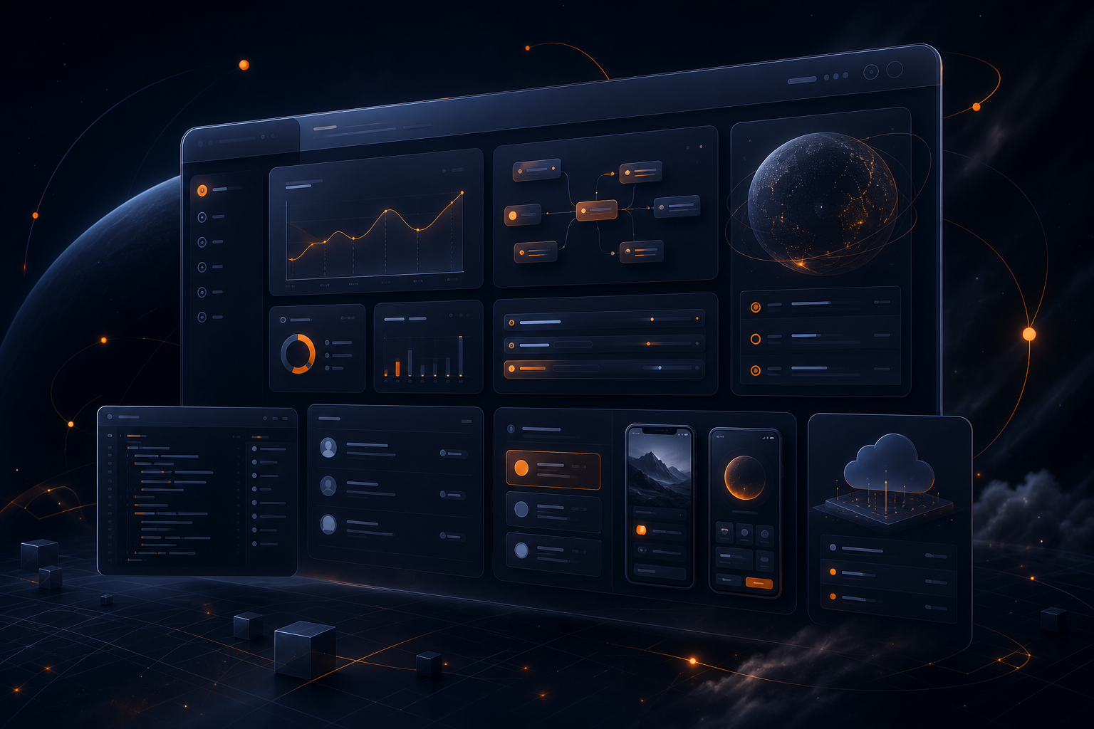 Futuristic software dashboard interface with analytics and workflow panels