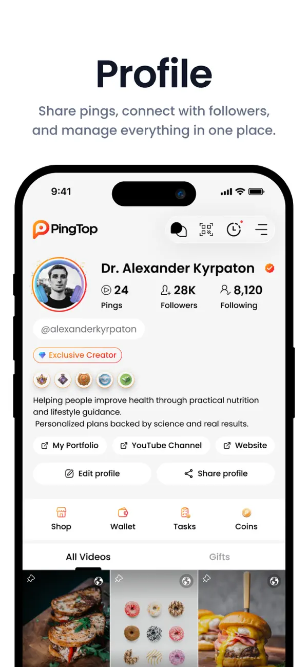 PingTop mobile social application profile screen